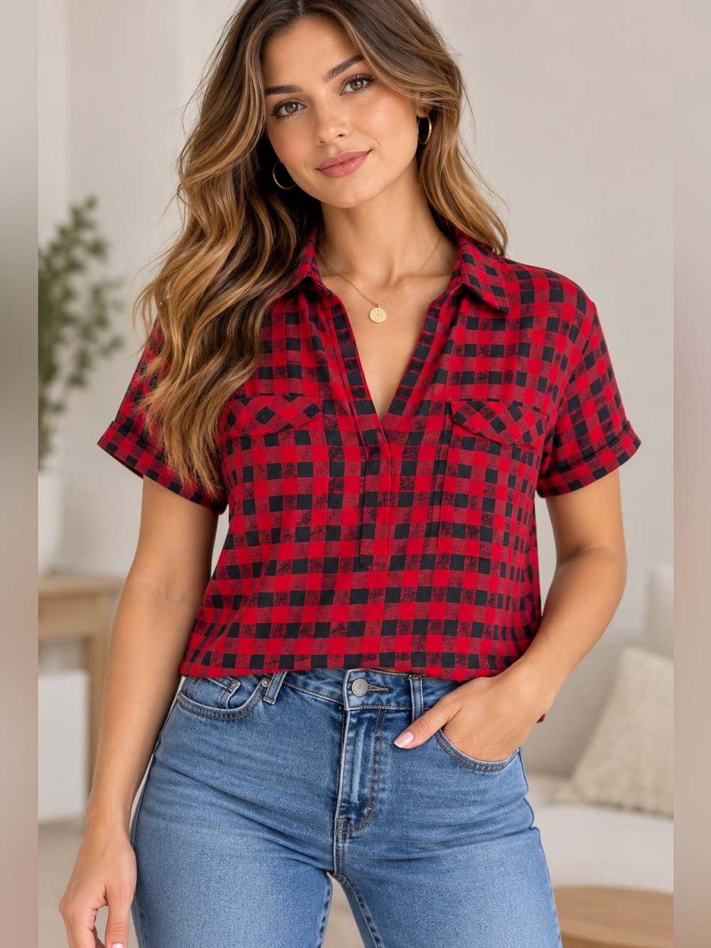 American Eagle Blouse Women's Small Red/Black Boxy Fit Plaid Short Sleeve Top